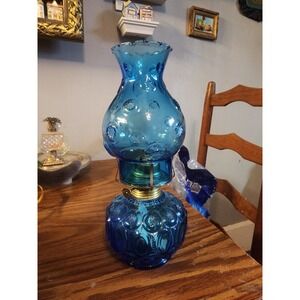 Vintage L.E. Smith Aqua Blue Glass Moon And Stars Oil Lamp, Rare, Brass Hardware